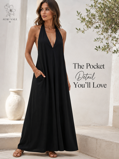 Women’s Halter Neck Maxi Dress with Pockets, Sleeveless Flowy Beach Vacation Dress for Summer