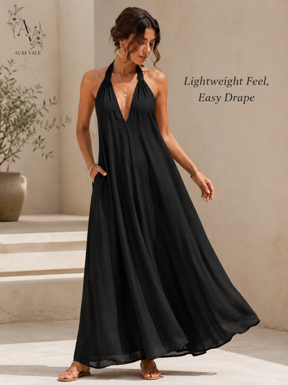 Women’s Halter Neck Maxi Dress with Pockets, Sleeveless Flowy Beach Vacation Dress for Summer