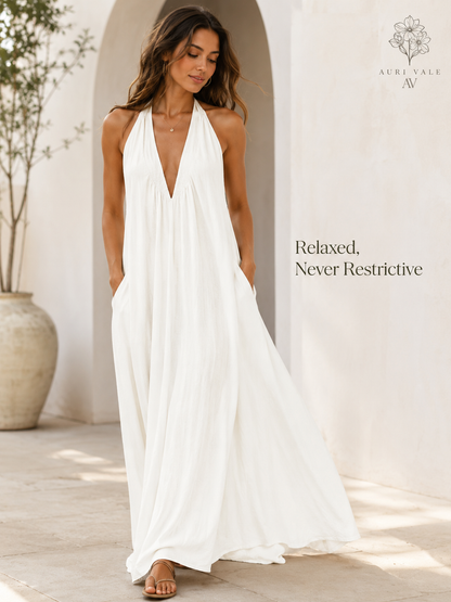 Women’s Halter Neck Maxi Dress with Pockets, Sleeveless Flowy Beach Vacation Dress for Summer