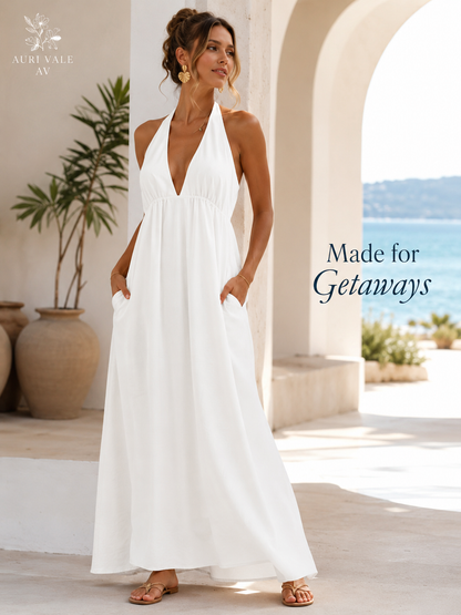 Women’s Halter Neck Maxi Dress with Pockets, Sleeveless Flowy Beach Vacation Dress for Summer
