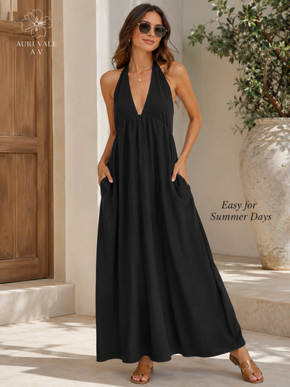 Women’s Halter Neck Maxi Dress with Pockets, Sleeveless Flowy Beach Vacation Dress for Summer