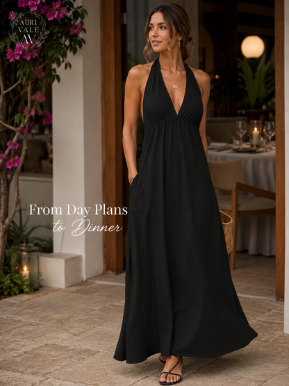 Women’s Halter Neck Maxi Dress with Pockets, Sleeveless Flowy Beach Vacation Dress for Summer