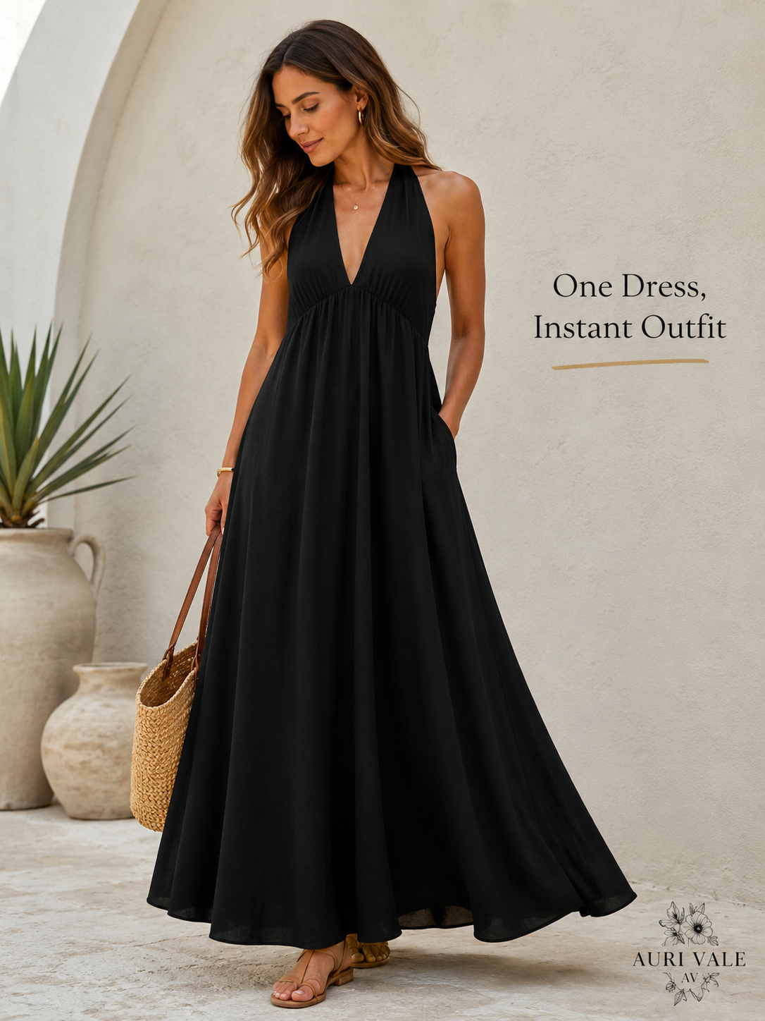 Women’s Halter Neck Maxi Dress with Pockets, Sleeveless Flowy Beach Vacation Dress for Summer