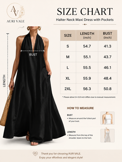 Women’s Halter Neck Maxi Dress with Pockets, Sleeveless Flowy Beach Vacation Dress for Summer