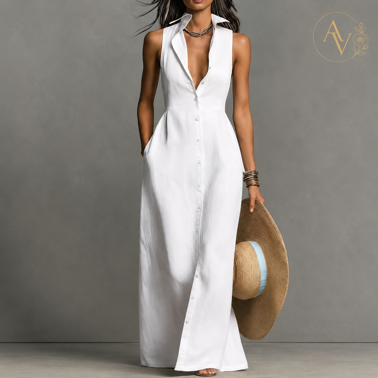 AURI VALE Women's Sleeveless Button Down Maxi Dress with Pockets, Collared V Neck Flowy Vacation Dress