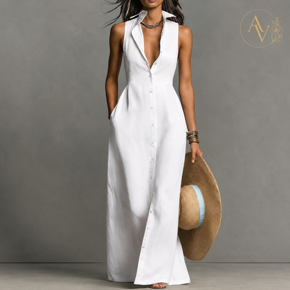 AURI VALE Women's Sleeveless Button Down Maxi Dress with Pockets, Collared V Neck Flowy Vacation Dress