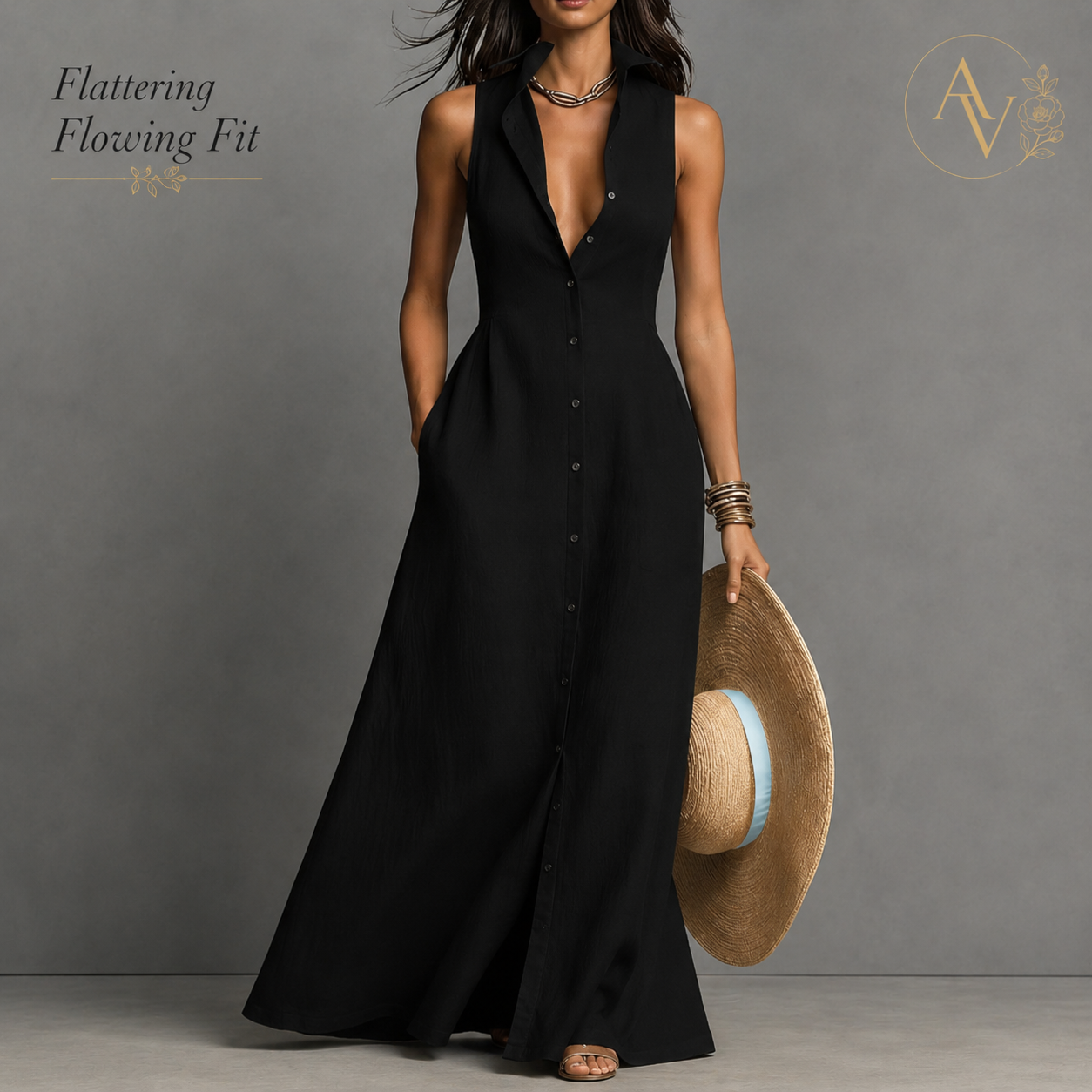 AURI VALE Women's Sleeveless Button Down Maxi Dress with Pockets, Collared V Neck Flowy Vacation Dress
