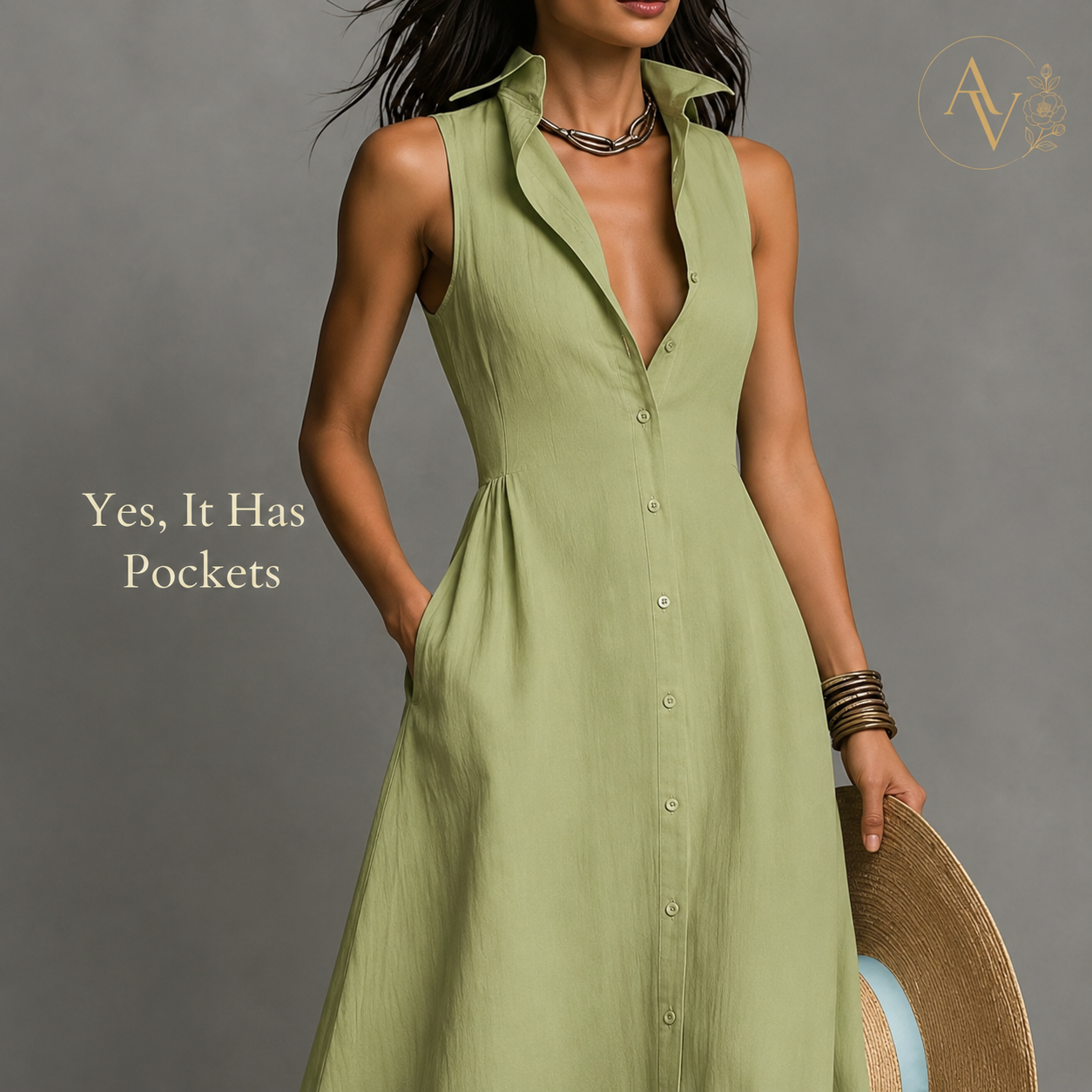 AURI VALE Women's Sleeveless Button Down Maxi Dress with Pockets, Collared V Neck Flowy Vacation Dress