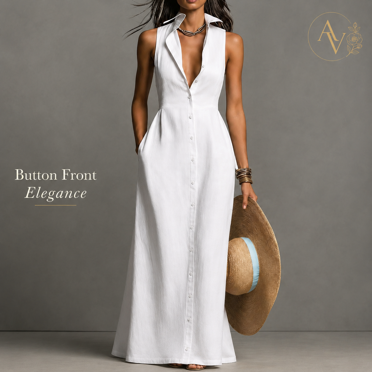 AURI VALE Women's Sleeveless Button Down Maxi Dress with Pockets, Collared V Neck Flowy Vacation Dress