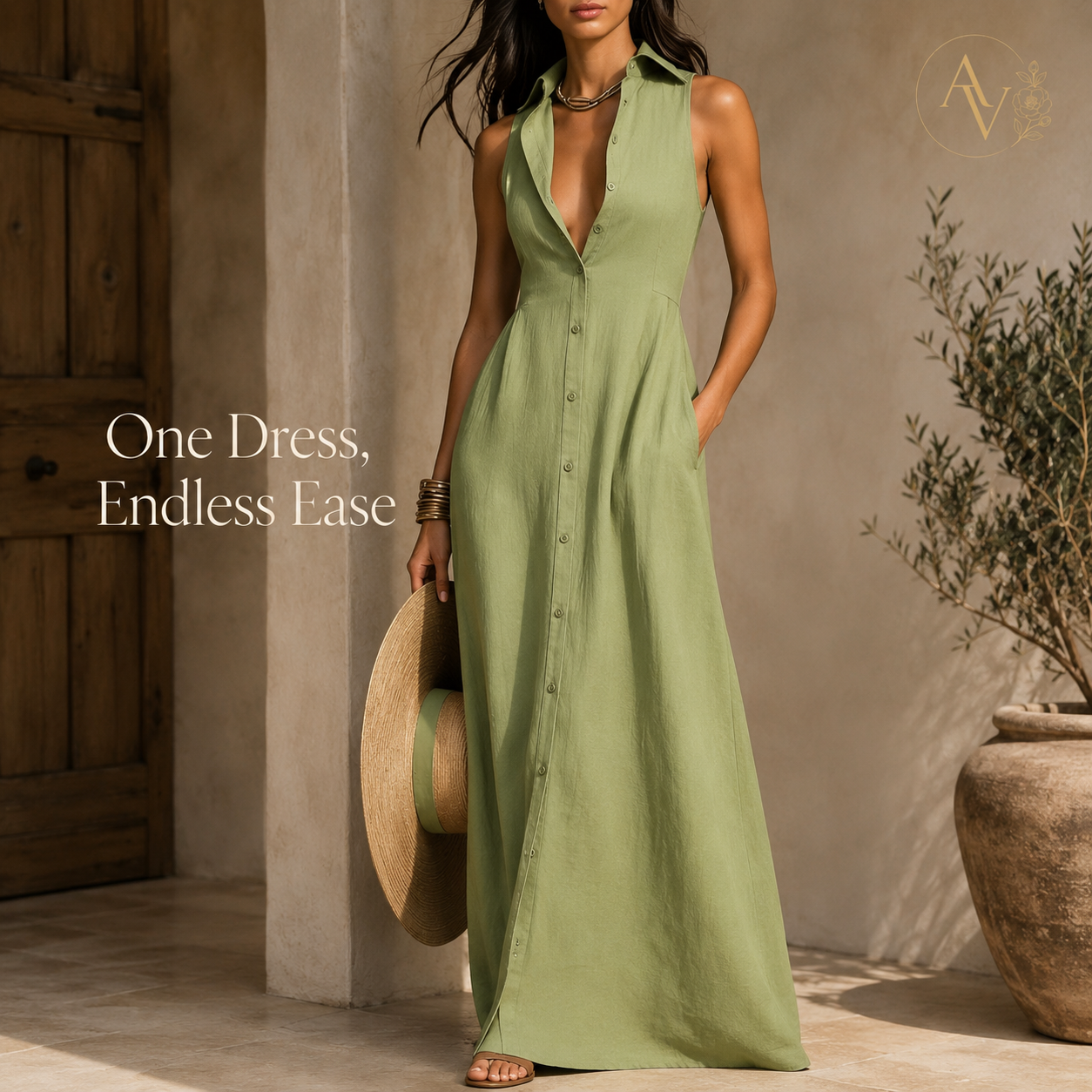 AURI VALE Women's Sleeveless Button Down Maxi Dress with Pockets, Collared V Neck Flowy Vacation Dress