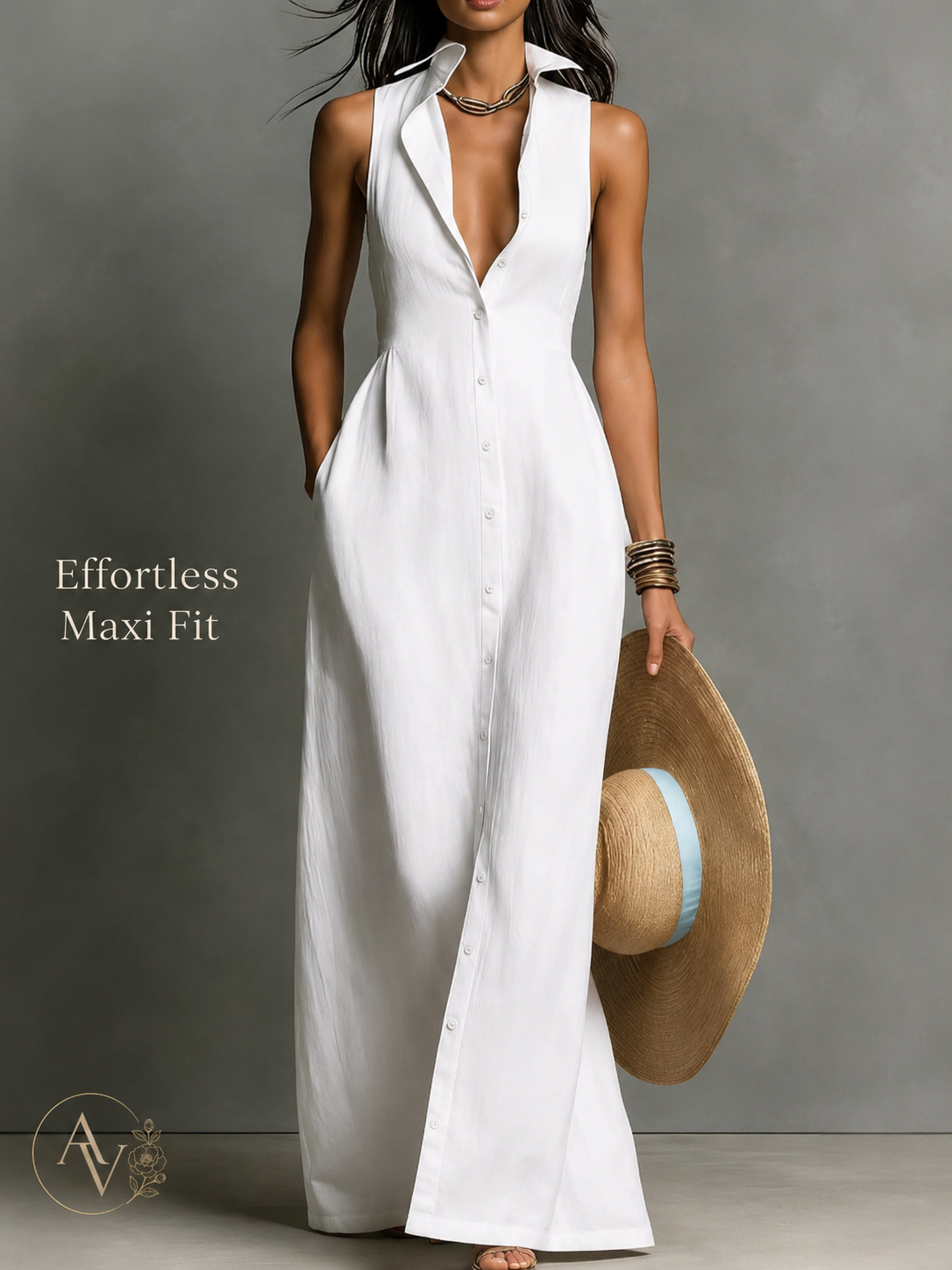 AURI VALE Women's Sleeveless Button Down Maxi Dress with Pockets, Collared V Neck Flowy Vacation Dress