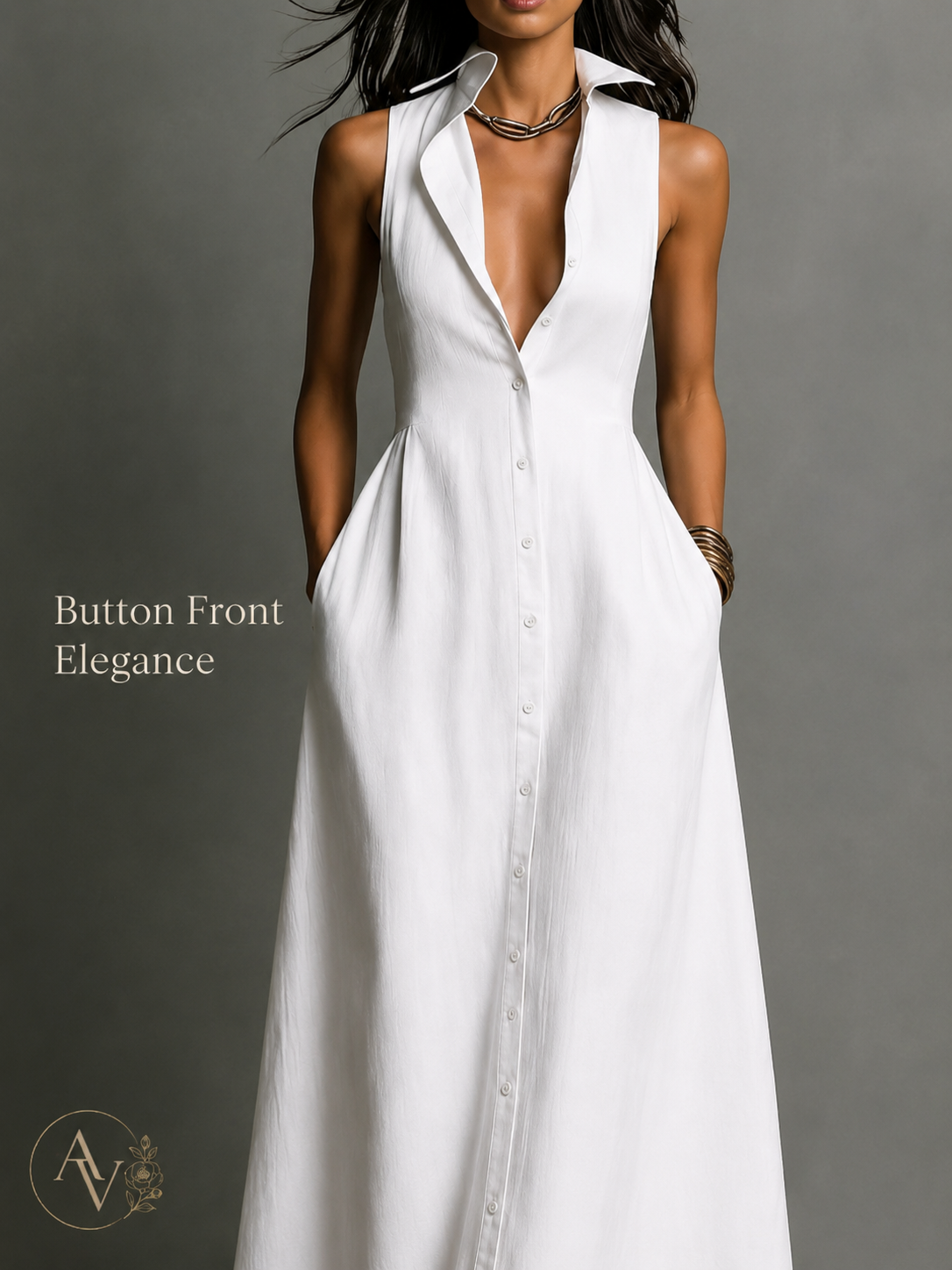 AURI VALE Women's Sleeveless Button Down Maxi Dress with Pockets, Collared V Neck Flowy Vacation Dress