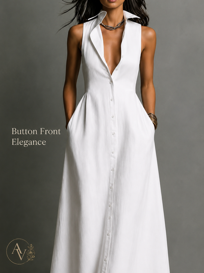 AURI VALE Women's Sleeveless Button Down Maxi Dress with Pockets, Collared V Neck Flowy Vacation Dress