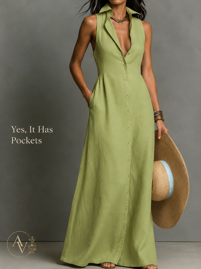 AURI VALE Women's Sleeveless Button Down Maxi Dress with Pockets, Collared V Neck Flowy Vacation Dress