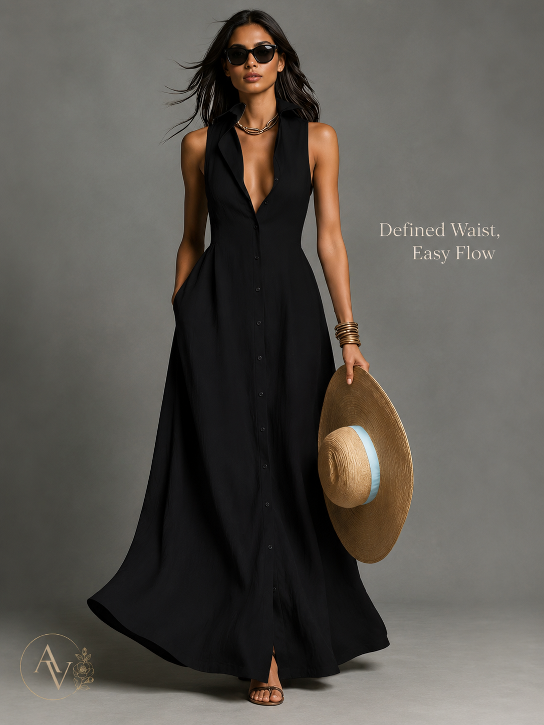 AURI VALE Women's Sleeveless Button Down Maxi Dress with Pockets, Collared V Neck Flowy Vacation Dress