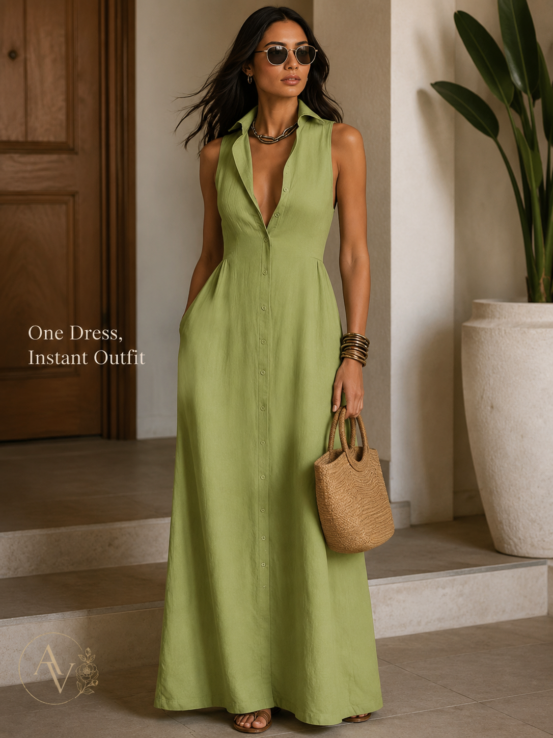 AURI VALE Women's Sleeveless Button Down Maxi Dress with Pockets, Collared V Neck Flowy Vacation Dress
