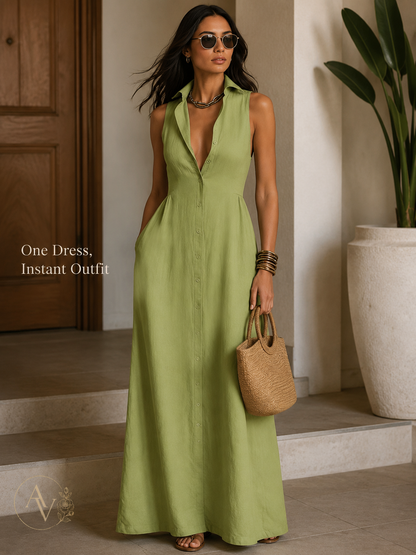 AURI VALE Women's Sleeveless Button Down Maxi Dress with Pockets, Collared V Neck Flowy Vacation Dress