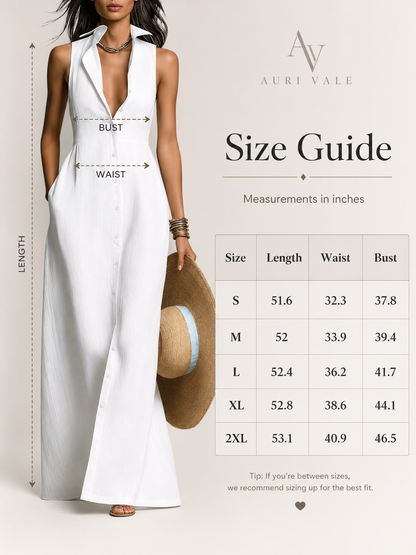 AURI VALE Women's Sleeveless Button Down Maxi Dress with Pockets, Collared V Neck Flowy Vacation Dress