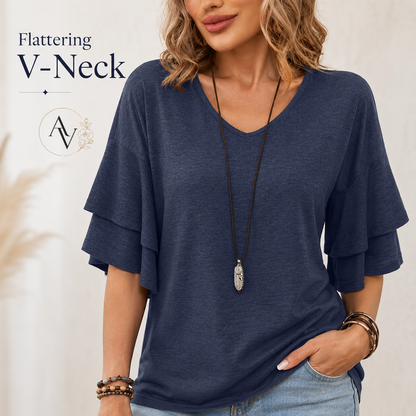 Women's V Neck Ruffle Sleeve Top, Loose Fit Half Sleeve Blouse, Soft Casual T-Shirt for Summer Daily Wear