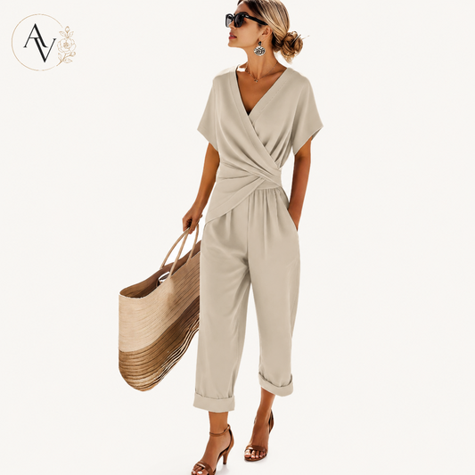 Women’s Full Size Two Piece Top and Pants Set, Surplice Short Sleeve Outfit with Pockets, Casual Vacation Matching Set