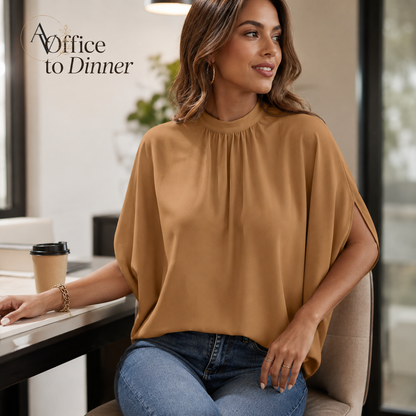 Women’s Mock Neck Tie Back Blouse, Split Batwing Half Sleeve Loose Fit Top, Dressy Casual Work Shirt for Office & Weekend