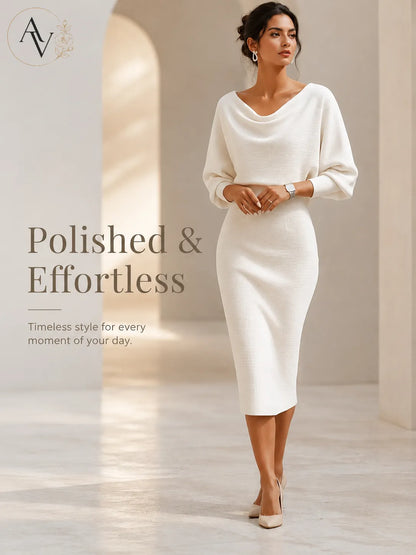 Women’s Cowl Neck Ribbed Knit Bodycon Midi Dress, Cotton Stretch Dolman Sleeve Sweater Dress for Work, Date Night & Fall Outfits