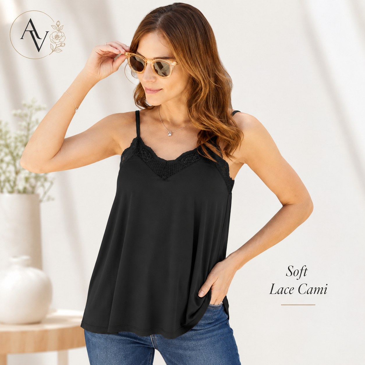 Women’s Lace Trim V-Neck Cami Top, Full Size S-3XL, Soft Stretch Rayon Blend Sleeveless Tank, Opaque Flowy Summer Layering Top
