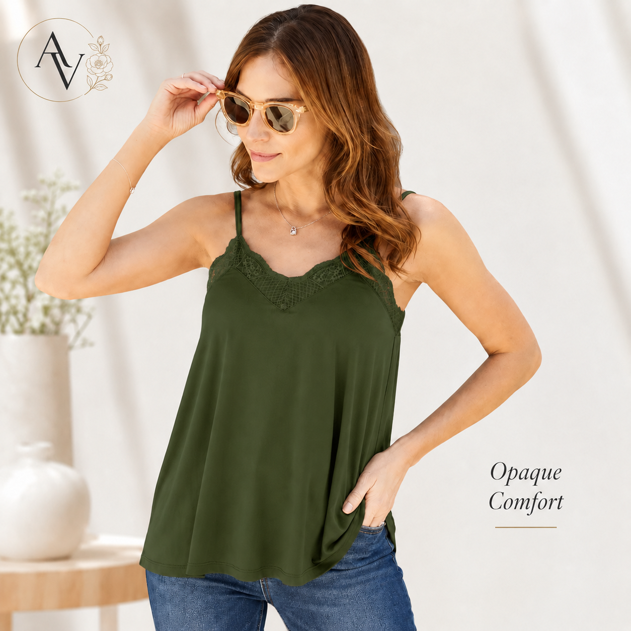 Women’s Lace Trim V-Neck Cami Top, Full Size S-3XL, Soft Stretch Rayon Blend Sleeveless Tank, Opaque Flowy Summer Layering Top