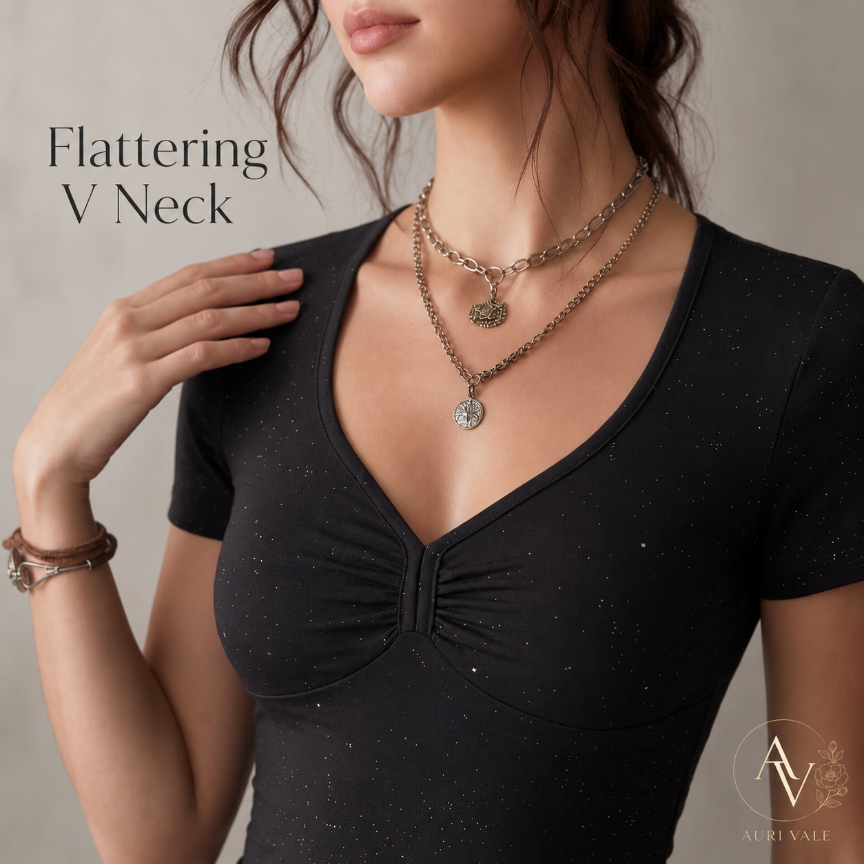 Women’s Slim Fit V Neck Crop T-Shirt, Black Sparkly Short Sleeve Ruched Front Top, Slight Stretch Casual Going Out Tee