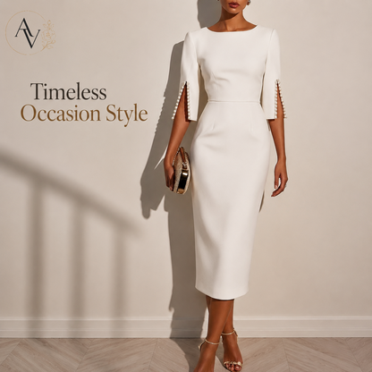 Women’s Elegant Beaded Slit Sleeve Midi Dress, Boat Neck Slim Fit Cocktail Dress, Wedding Guest Party Evening Dress