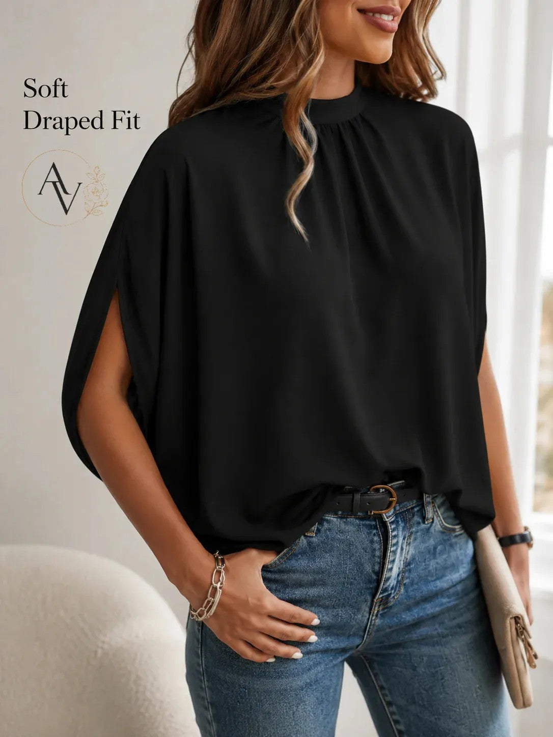 Women’s Mock Neck Tie Back Blouse, Split Batwing Half Sleeve Loose Fit Top, Dressy Casual Work Shirt for Office & Weekend