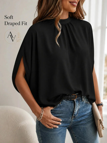Women’s Mock Neck Tie Back Blouse, Split Batwing Half Sleeve Loose Fit Top, Dressy Casual Work Shirt for Office & Weekend