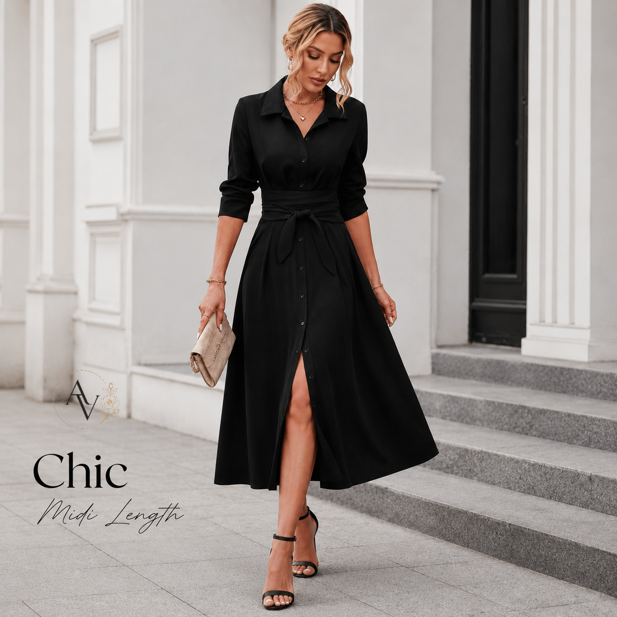 Women’s Belted Button Down Shirt Dress, Collared Long Sleeve Midi Dress, Slim Waist Work Office Casual Dress