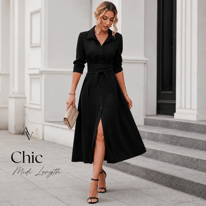 Women’s Belted Button Down Shirt Dress, Collared Long Sleeve Midi Dress, Slim Waist Work Office Casual Dress