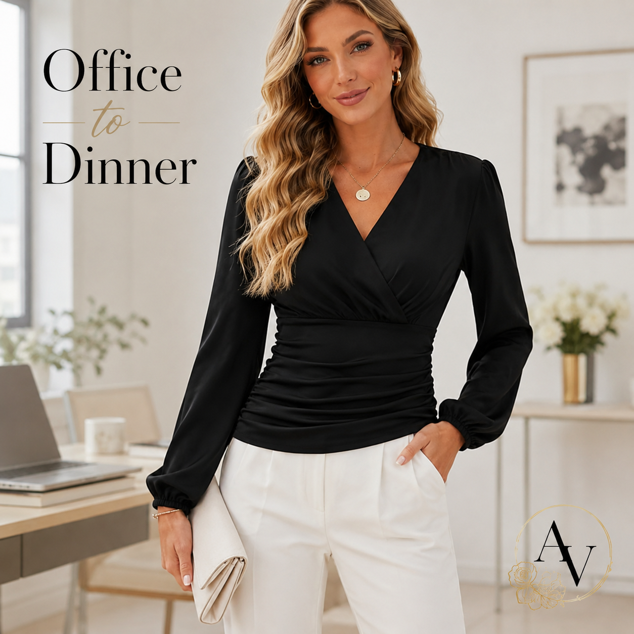 Women’s Long Sleeve Ruched Blouse, V Neck Wrap Front Dressy Casual Top, Puff Sleeve Office Shirt, Black Going Out Top