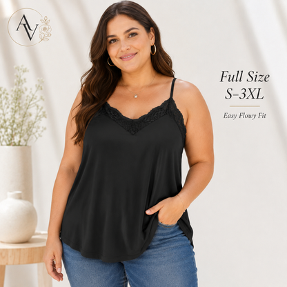 Women’s Lace Trim V-Neck Cami Top, Full Size S-3XL, Soft Stretch Rayon Blend Sleeveless Tank, Opaque Flowy Summer Layering Top