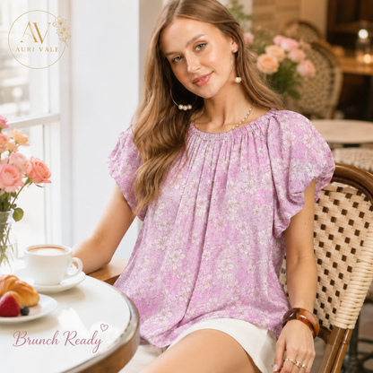 Women’s Pink Floral Puff Sleeve Blouse, Relaxed Fit Round Neck Short Sleeve Flowy Top for Summer, Brunch & Office Casual