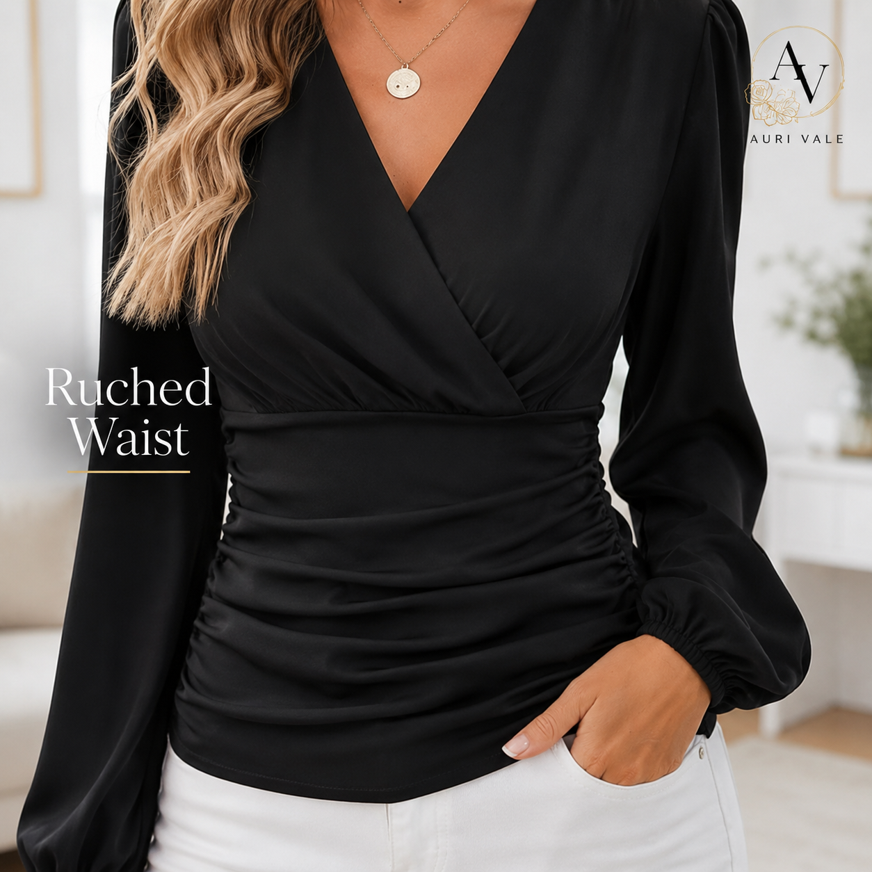 Women’s Long Sleeve Ruched Blouse, V Neck Wrap Front Dressy Casual Top, Puff Sleeve Office Shirt, Black Going Out Top