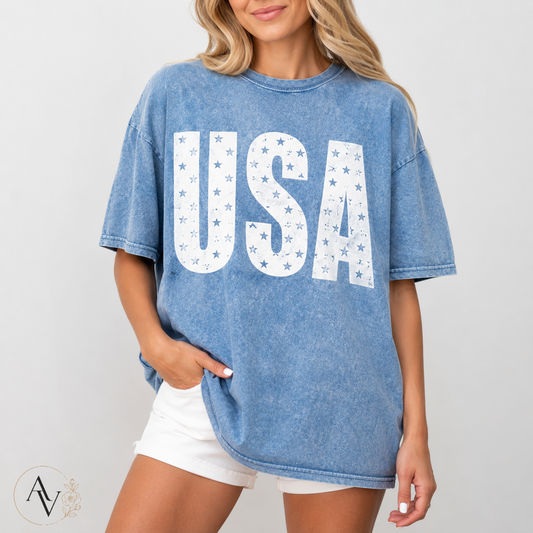 Women’s USA Star Print Acid Wash T-Shirt – 100% Cotton Patriotic Crew Neck Short Sleeve Graphic Tee for 4th of July, Memorial Day & Summer Outfits
