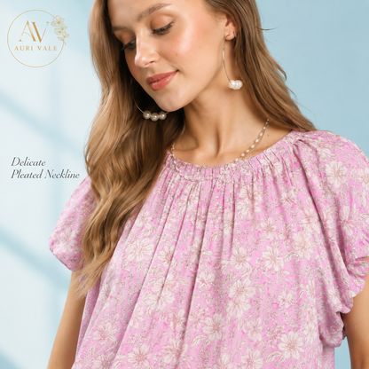 Women’s Pink Floral Puff Sleeve Blouse, Relaxed Fit Round Neck Short Sleeve Flowy Top for Summer, Brunch & Office Casual