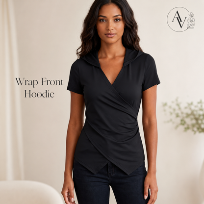 Women’s Hooded Wrap Front Slim Fit Top, Ruched Long Sleeve T-Shirt, Slight Stretch Casual Going Out Blouse for Fall Spring Streetwear