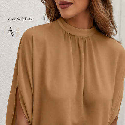 Women’s Mock Neck Tie Back Blouse, Split Batwing Half Sleeve Loose Fit Top, Dressy Casual Work Shirt for Office & Weekend