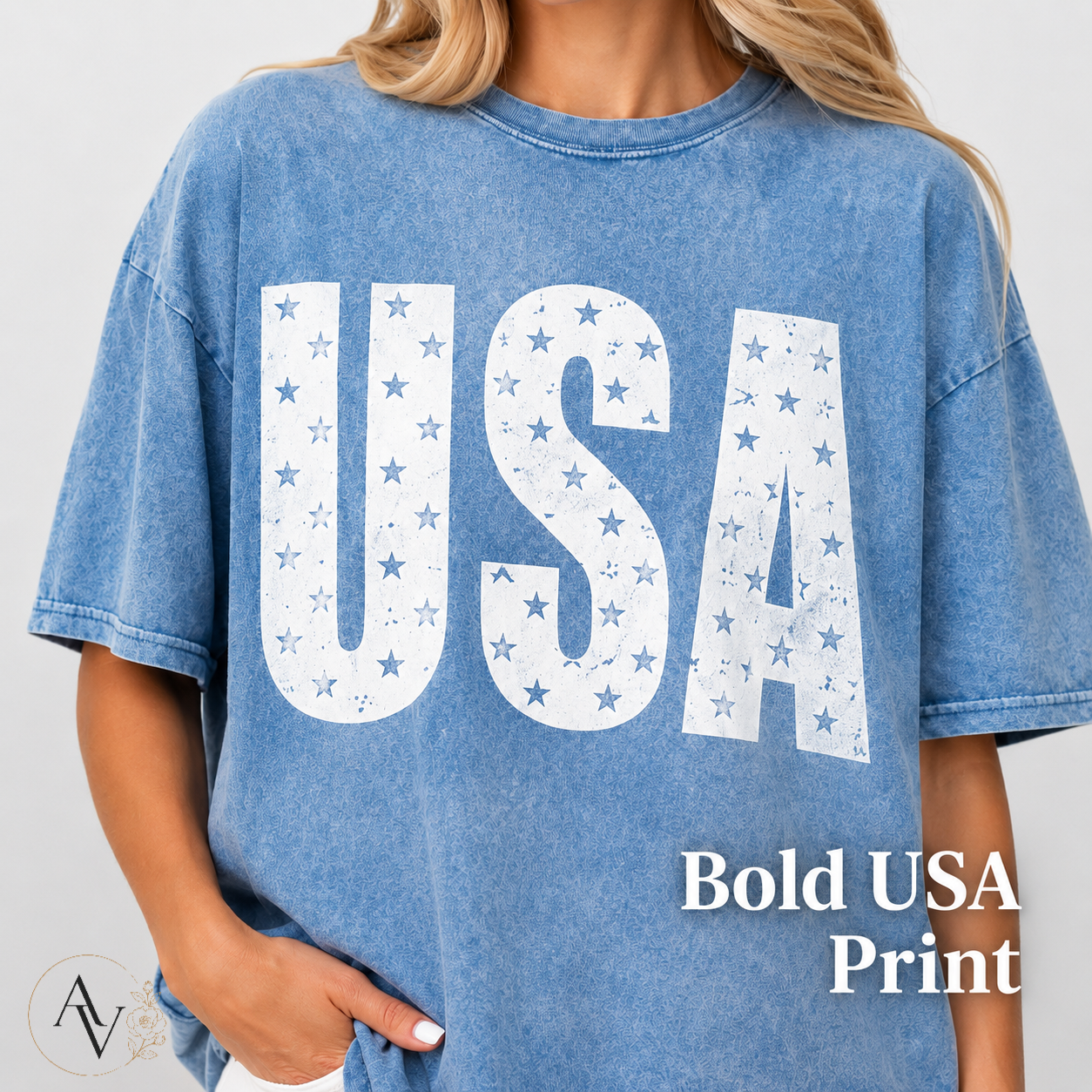 Women’s USA Star Print Acid Wash T-Shirt – 100% Cotton Patriotic Crew Neck Short Sleeve Graphic Tee for 4th of July, Memorial Day & Summer Outfits