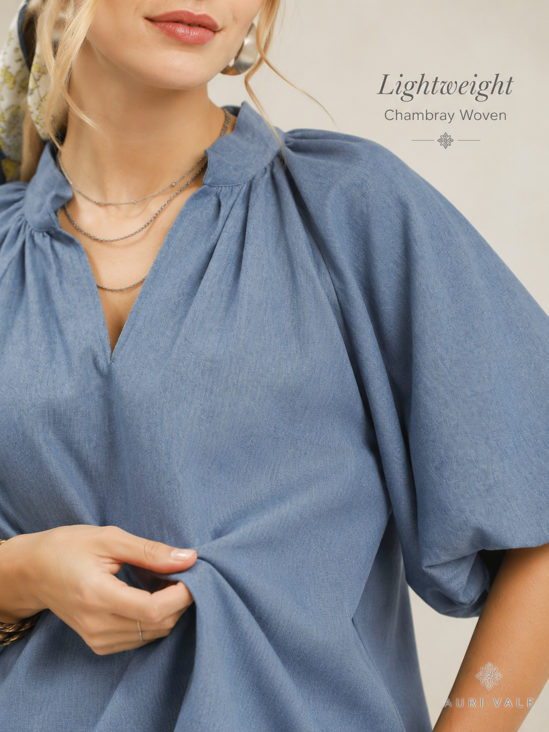 Women’s Chambray Puff Sleeve Top, Scallop Hem Split V-Neck Blouse, Lightweight Cotton Blend Oversized Casual Summer Shirt