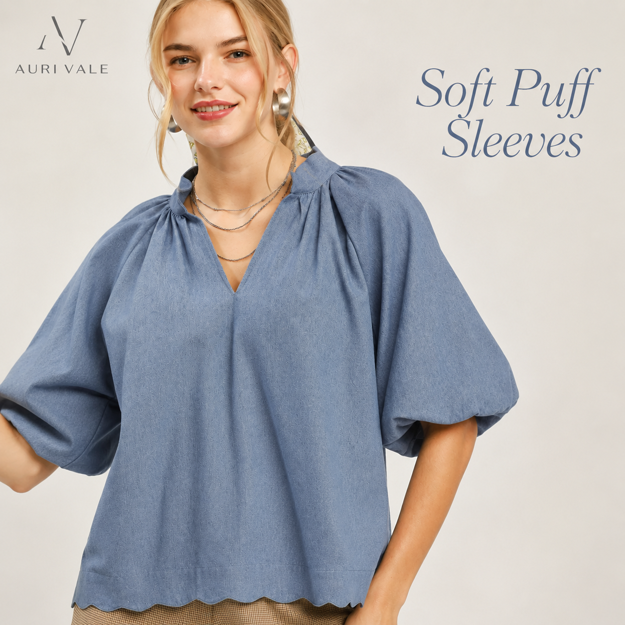 Women’s Chambray Puff Sleeve Top, Scallop Hem Split V-Neck Blouse, Lightweight Cotton Blend Oversized Casual Summer Shirt