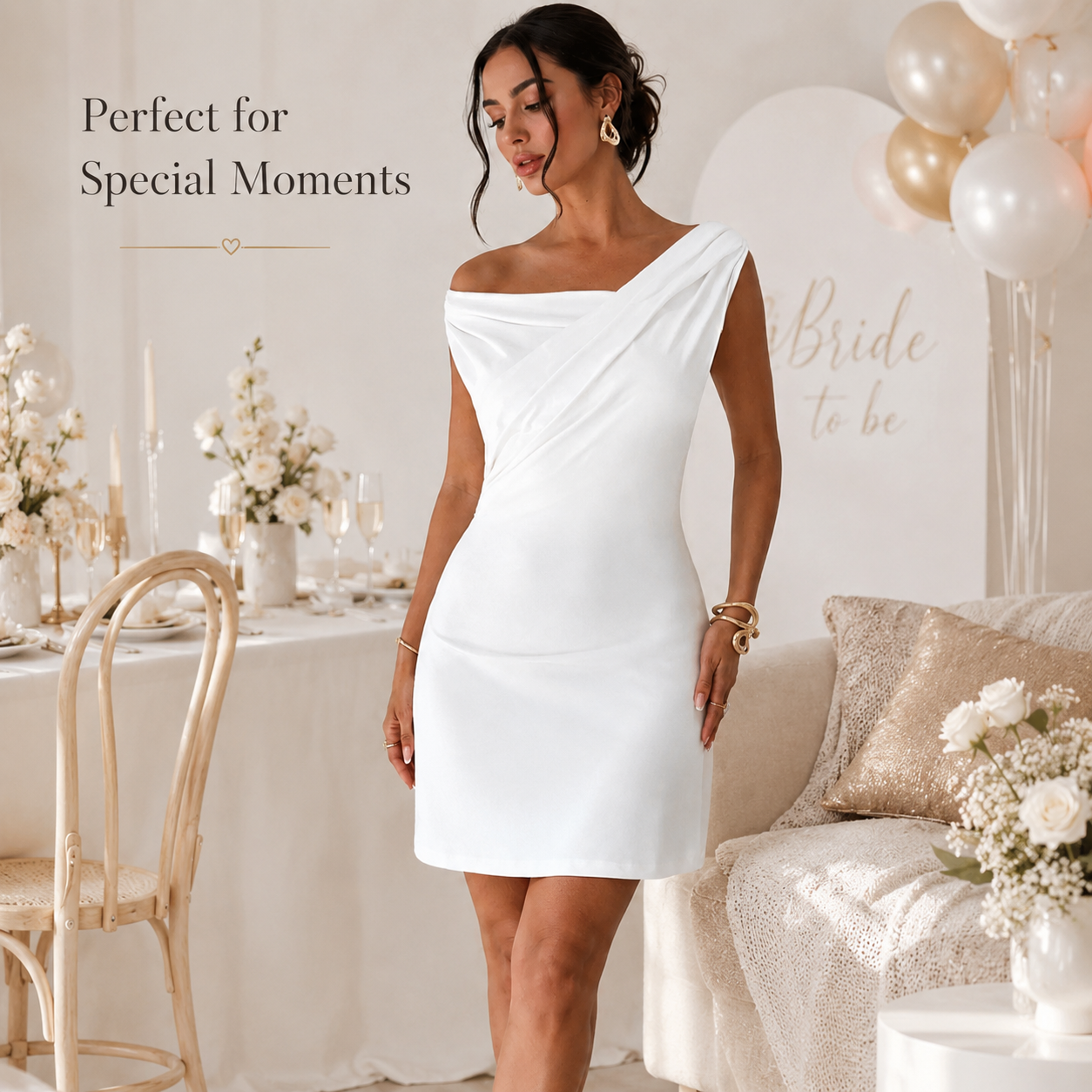 Women’s White Off Shoulder Draped Mini Dress, Elegant One Shoulder Sleeveless Party Dress for Date Night, Vacation, Bridal Shower & Summer Outfits