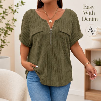 Plus Size Half Zip Ribbed Short Sleeve Top for Women, Casual Loose Fit V Neck Pullover T-Shirt with Pocket Flap, Summer Daily Blouse
