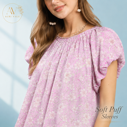 Women’s Pink Floral Puff Sleeve Blouse, Relaxed Fit Round Neck Short Sleeve Flowy Top for Summer, Brunch & Office Casual