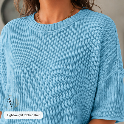 Women’s Casual Short Sleeve Knit Sweater, Lightweight Cotton Blend Ribbed Crew Neck Pullover Top for Spring Summer