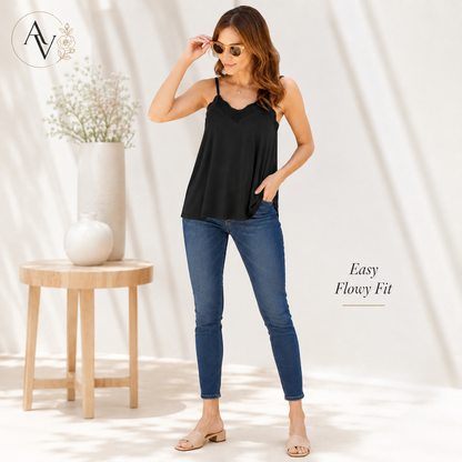 Women’s Lace Trim V-Neck Cami Top, Full Size S-3XL, Soft Stretch Rayon Blend Sleeveless Tank, Opaque Flowy Summer Layering Top
